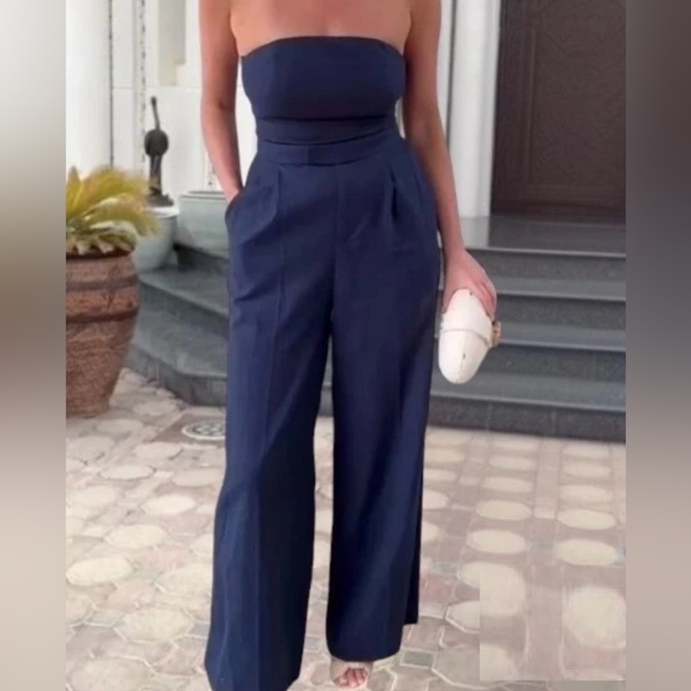 ZARA - Navy Blue Linen Strapless Wide Leg Jumpsuit Size S